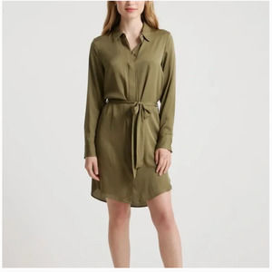 Quince Washable Stretch Silk Shirt Dress Military Olive L NWT